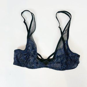 NWOT Victoria's Secret Bra 32C Very Sexy Unlined Plunge Black Blue Lace Shimmer